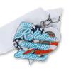 Soft Enamel, antique nickel plating, white lettering screen printed, epoxy coating, loop, neck ribbon